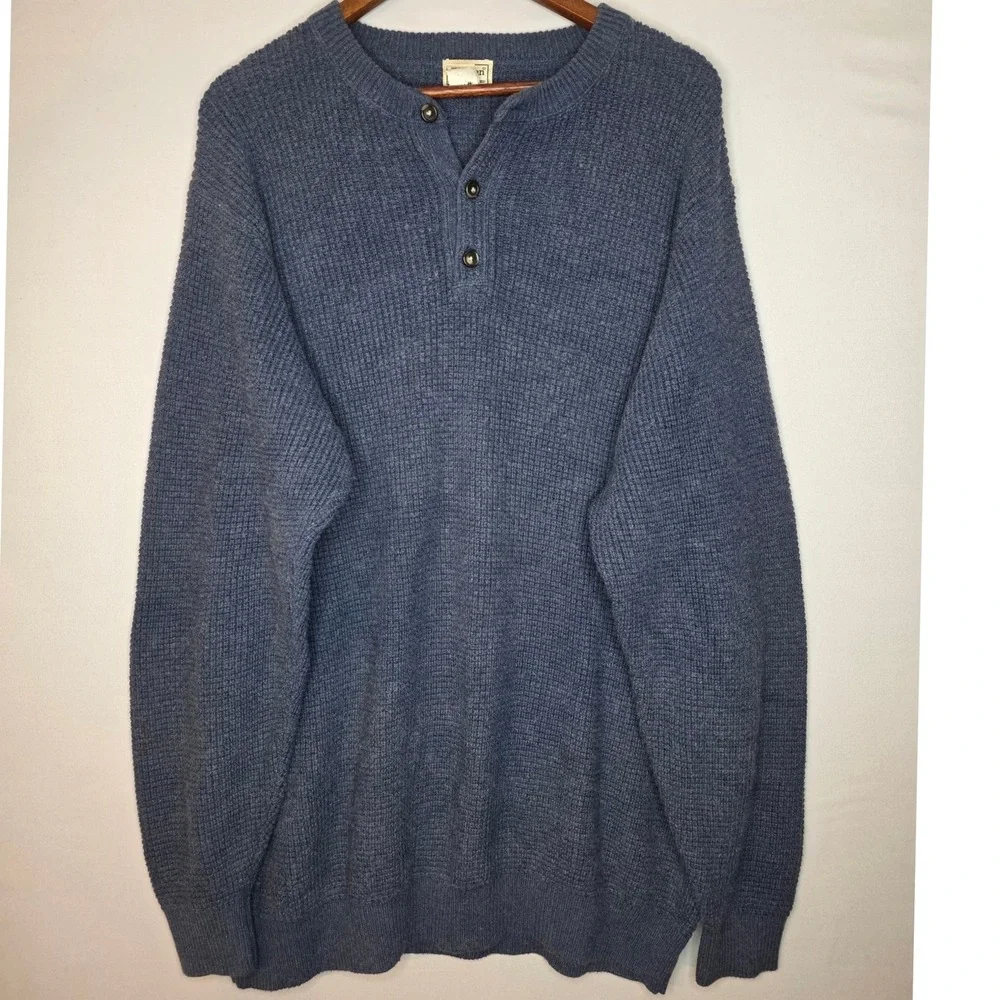 LL Bean Henley Sweater XXL Tall Pullover Chunky Blue Cotton/Wool Grandpa‎